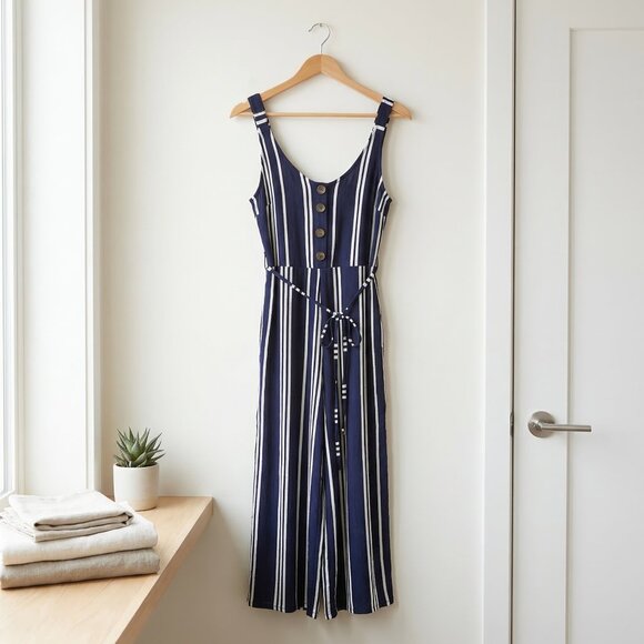 Pants - Navy & White Striped Wide Leg Jumpsuit - Size S